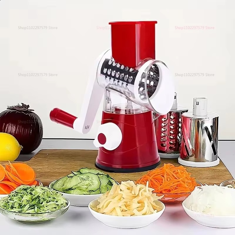 New Vegetable Cutter & Slicer Manual Kitchen Cheese Chopper Machine With 3 Sharp Drums Multifunctional Garlic Potato Shredder For Easy Food Preparation (Random Color)